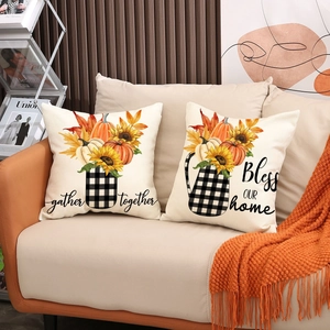 Autumn harvest pumpkin sunflower linen pillow covers set with Gather Together text