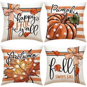 Set of 4 autumn pumpkin and maple leaf print linen pillow covers for fall home decor