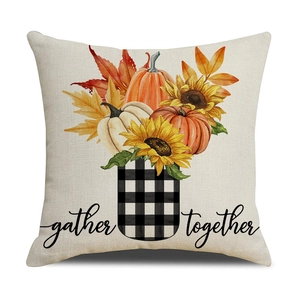 Linen pumpkin maple leaf autumn pillowcase with gather together print for fall decor