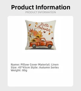 Detail view of Hello Autumn linen pillowcase with pumpkin print and 45x45cm size specs