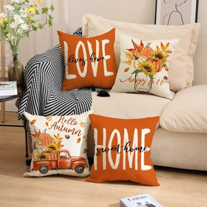 Set of four autumn pumpkin linen throw pillow covers for fall home sofa decor