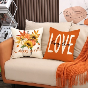 Set of two autumn pumpkin linen pillow covers with Happy Fall and Love Lives Here prints
