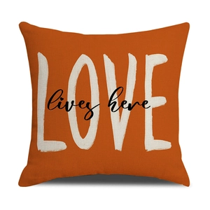 Close-up of orange linen pillow cover with white Love lives here printed text