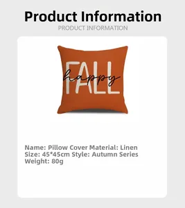 Detail showing 45x45cm autumn linen pillowcase with happy FALL text and pumpkin graphics