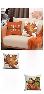 Detail of four autumn linen pillow covers featuring pumpkins and maple leaf patterns