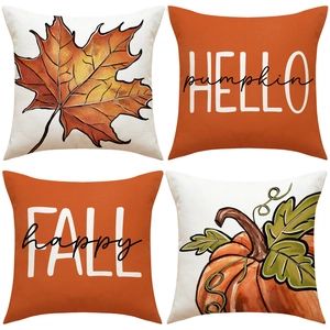 Autumn Thanksgiving Linen Pillow Cover Pumpkin Maple Leaf Pattern Decorative Cushion Case For Sofa Living Room Home Decor