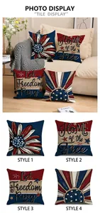 Detailed view of 4 Independence Day pillow covers with patriotic stars and truck designs