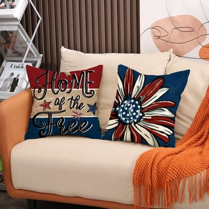 Patriotic 4th of July pillow covers with American flag designs on a cozy sofa