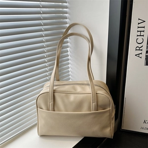 Retro cream PU leather large capacity shoulder bag for women commute and casual style