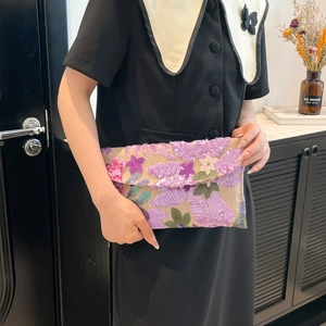Elegant rectangular jute clutch bag with purple and pink sequin floral embroidery