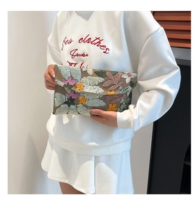 Detailed view of handmade floral embroidery and colorful sequins on a vintage clutch
