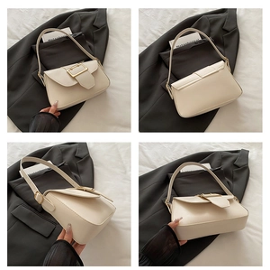 Detail shots of off-white leather shoulder bag showing gold square buckle and stitching