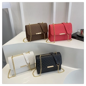 Détail de sacs à rabat en similicuir tressé avec chaînes dorées en quatre couleurs