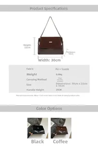 Detailed spec chart of the two-tone PU and suede shoulder bag with metal chain strap