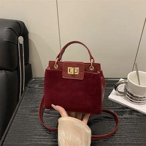 Minimalist burgundy large capacity leather and suede patchwork tote bag with gold buckle