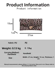 Leopard print clutch bag dimensions showing 27x15cm size and 0.13kg lightweight details