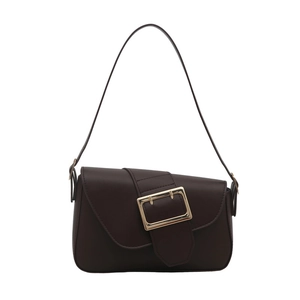 Classic dark brown leather baguette shoulder bag with a vintage gold buckle closure
