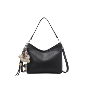 Sac seau Hobo en similicuir noir minimaliste avec bandoulière réglable et breloque peluche