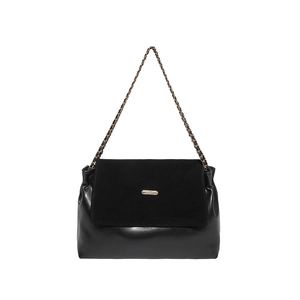 Minimalist black leather and suede shoulder bag with gold chain strap and metal logo