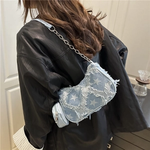Blue denim star pattern crossbody bag with chain strap and mini coin purse