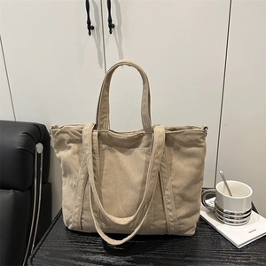 Large capacity beige corduroy tote bag with double handles and front pocket for women