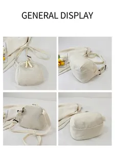 Detailed views of corduroy crossbody shell bag with half-moon shape and cream white fabric