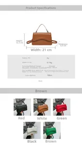 Detailed size specifications and multi-angle views of the square PU crossbody handbag