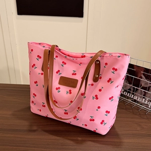 Women Large Tote Bag Nylon Canvas Cherry Print Korean Style Fashionable Casual Shoulder Handbag For Daily Travel