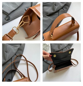 Détails du sac bandoulière en cuir PU marron avec garniture dorée et espace interne