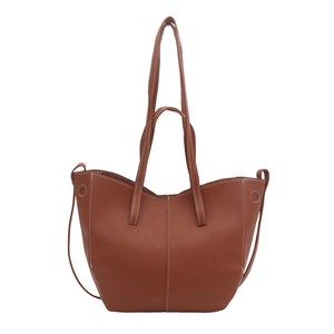 Retro brown leather tote bag with white contrast stitching and large capacity for daily use