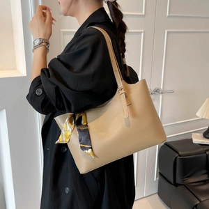 Khaki large capacity leather tote bag for women with decorative floral silk scarf