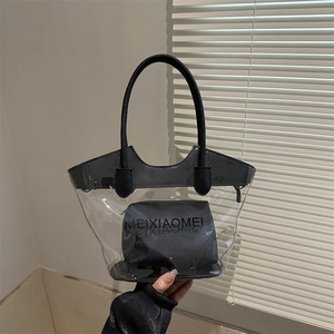 Close-up of frosted PVC transparent jelly tote with a black inner zipper pouch