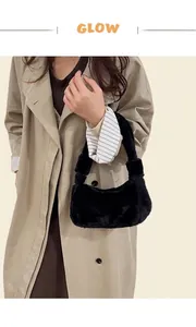 Detail of soft black faux fur shoulder bag worn with a khaki trench coat for autumn