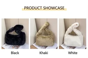 Soft plush shoulder bags shown in black, khaki, and white with stylish knot handles
