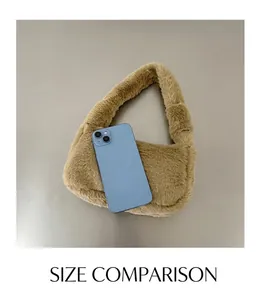 Detailed comparison of the compact brown faux fur bag next to a smartphone