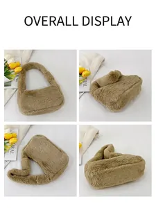 Detail view of khaki plush shoulder bag showing front, side and base from four angles