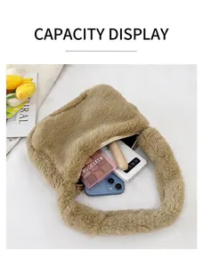 Khaki plush shoulder bag interior showing capacity for phone, makeup, and essentials