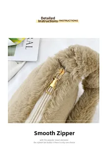 Close-up of golden zipper on khaki faux fur shoulder bag with plush texture details