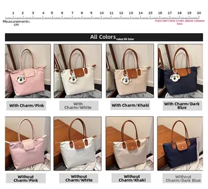 Vue détaillée des sacs cabas en nylon rose, blanc, kaki et marine avec rabat en cuir chic