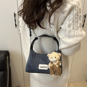 Retro denim small square crossbody bag with cute teddy bear charm for women fashion