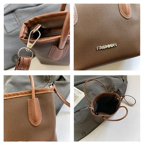 Detailed views of brown pebble leather bucket bag showing silver hardware and fashion logo