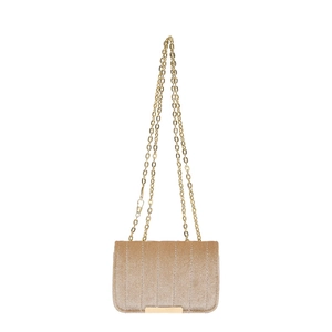 Champagne gold velvet shoulder bag with vertical quilting and metal chain straps