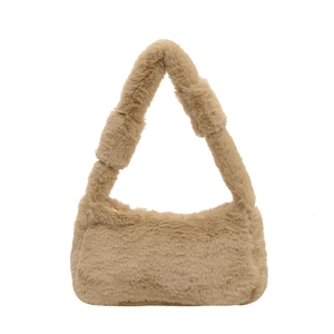 Khaki plush faux fur underarm shoulder bag with top handle and zip closure for women