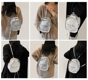 Multiple views of silver Trick or Treat backpack showing crossbody and shoulder styles