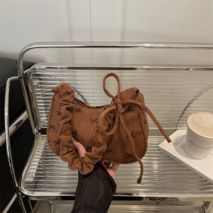Women Retro Corduroy Bowknot Underarm Bag Ruffled Strap Small Hobo Bag Casual Sweet Shoulder Bag For Autumn Daily Use Handbag