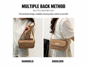 Detail of beige crossbody bag showing versatile carrying ways with gold bow buckle