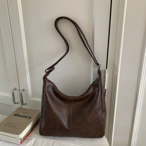Deep brown vintage soft PU leather hobo shoulder bag with adjustable strap and silver hardware