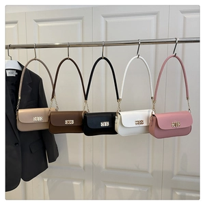 Five elegant crossbody chain bags in apricot, brown, black, white, and pink finishes