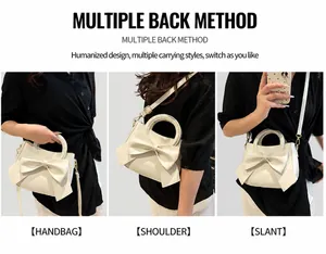 White handbag with bow detail shown in three styles: handbag, shoulder bag, and crossbody bag
