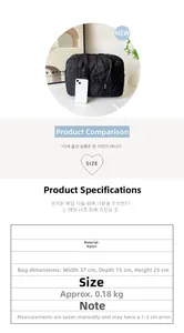 Size chart for black nylon crossbody bag with heart quilted pattern and dimensions